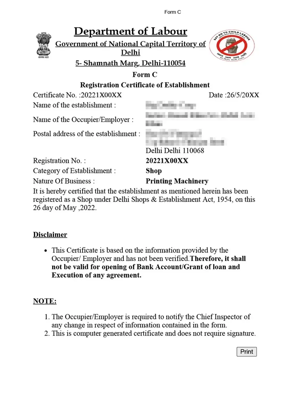 Shop and Establishment Registration Certificate Sample